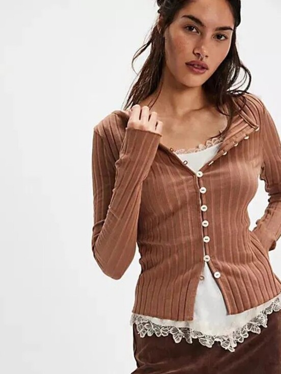 Free People Tops - Free People Tilly Ribbed Cardigan Button Front Top Mocha Brown Size XS Y2K